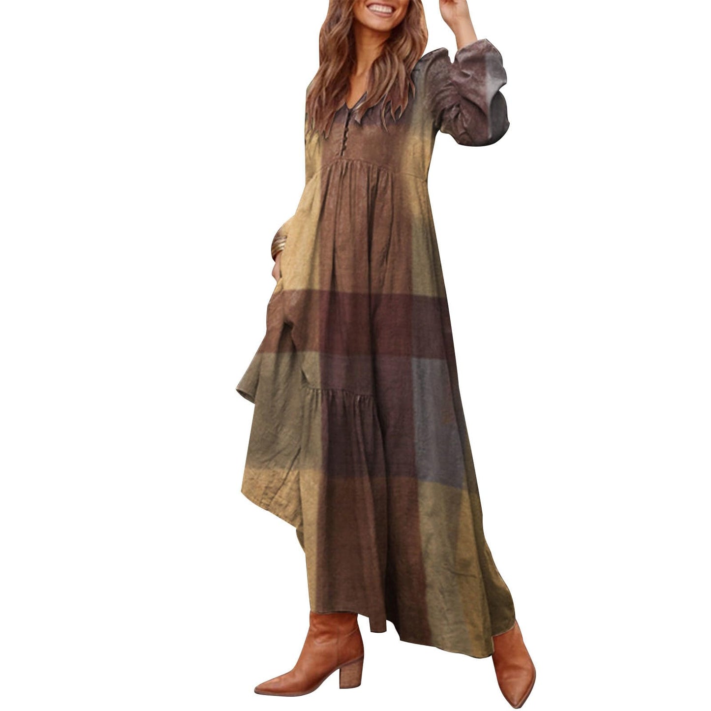 Alivebody Vintage Dresses for Women, Long Sleeve High Waisted Swing Retro Ethnic Boho Casual V Neck Maxi Dress with Pockets