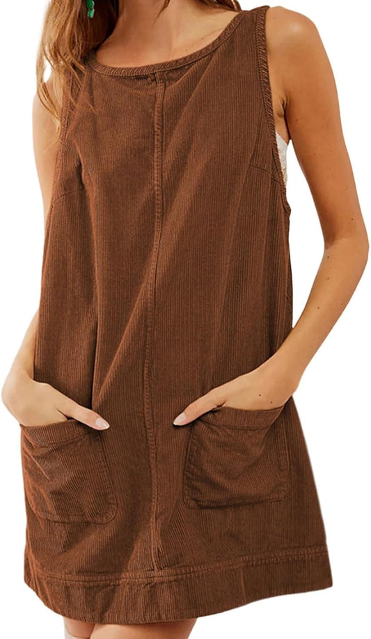 GYMDOG Casual Dresses for Women Corduroy Crewneck Tunic Sleeveless Pleated Loose Fit Work Mini Dress with Pockets