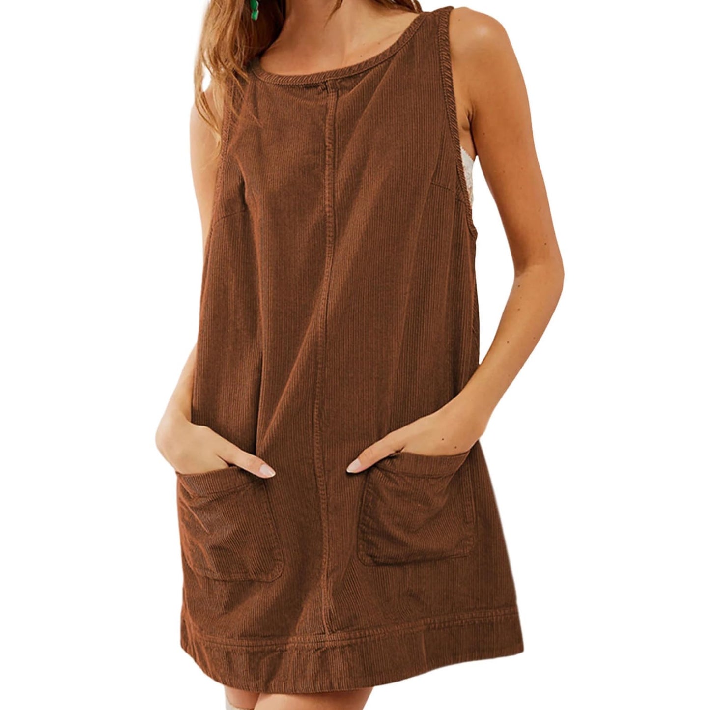 GYMDOG Casual Dresses for Women Corduroy Crewneck Tunic Sleeveless Pleated Loose Fit Work Mini Dress with Pockets