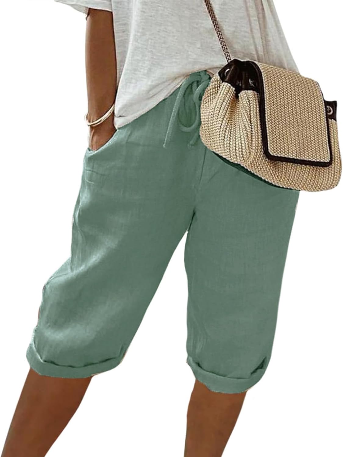 FONDBERYL Womens Cotton Linen Shorts Knee Length Drawstring Elastic Waist Summer Casual Gym Going Out Shorts with Pockets