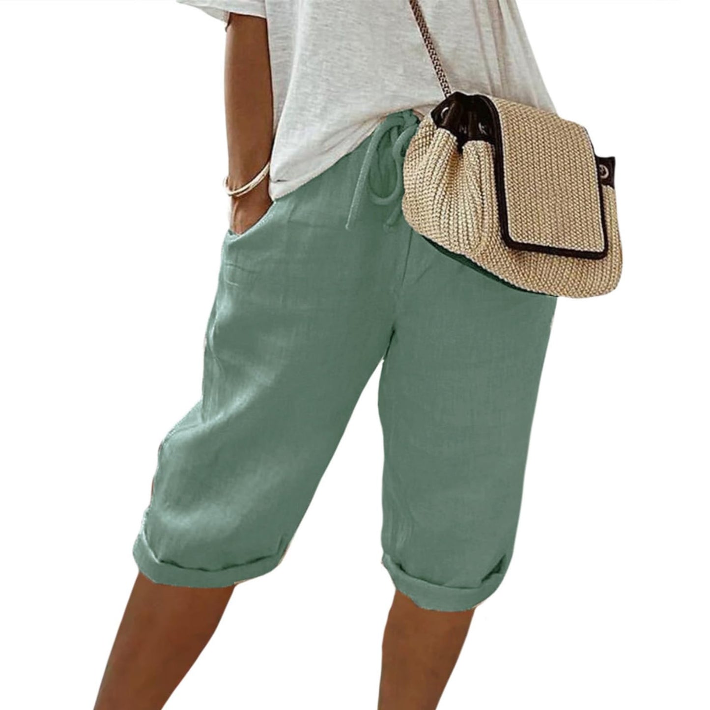 FONDBERYL Womens Cotton Linen Shorts Knee Length Drawstring Elastic Waist Summer Casual Gym Going Out Shorts with Pockets