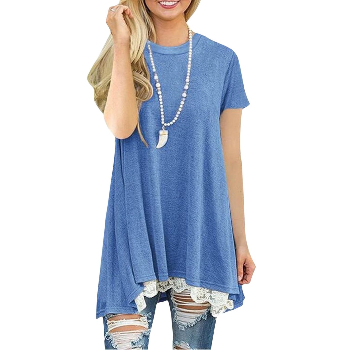gukoo Lace Trim Short Sleeve Shirt for Women, Swing Tunic Blouse Crew Neck Flowy Flared Tops Trendy 2026 Casual T Shirt