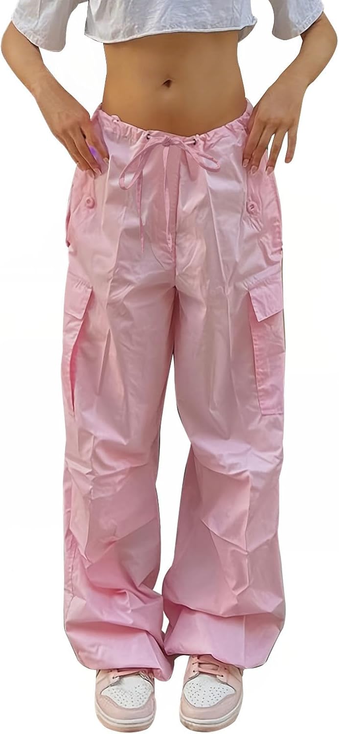 Reigee Women's Parachute Pants,Low Rised Baggy Cargo Pants with Drawstring for Women Y2K Streetwear Wide Leg Trousers