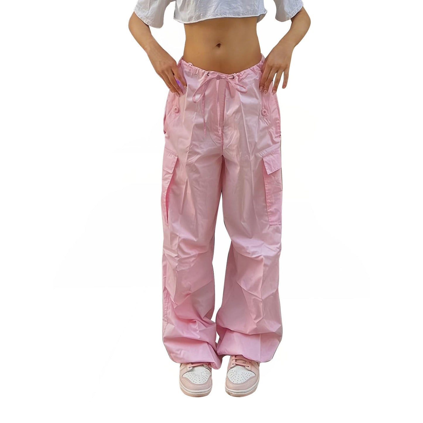 Reigee Women's Parachute Pants,Low Rised Baggy Cargo Pants with Drawstring for Women Y2K Streetwear Wide Leg Trousers