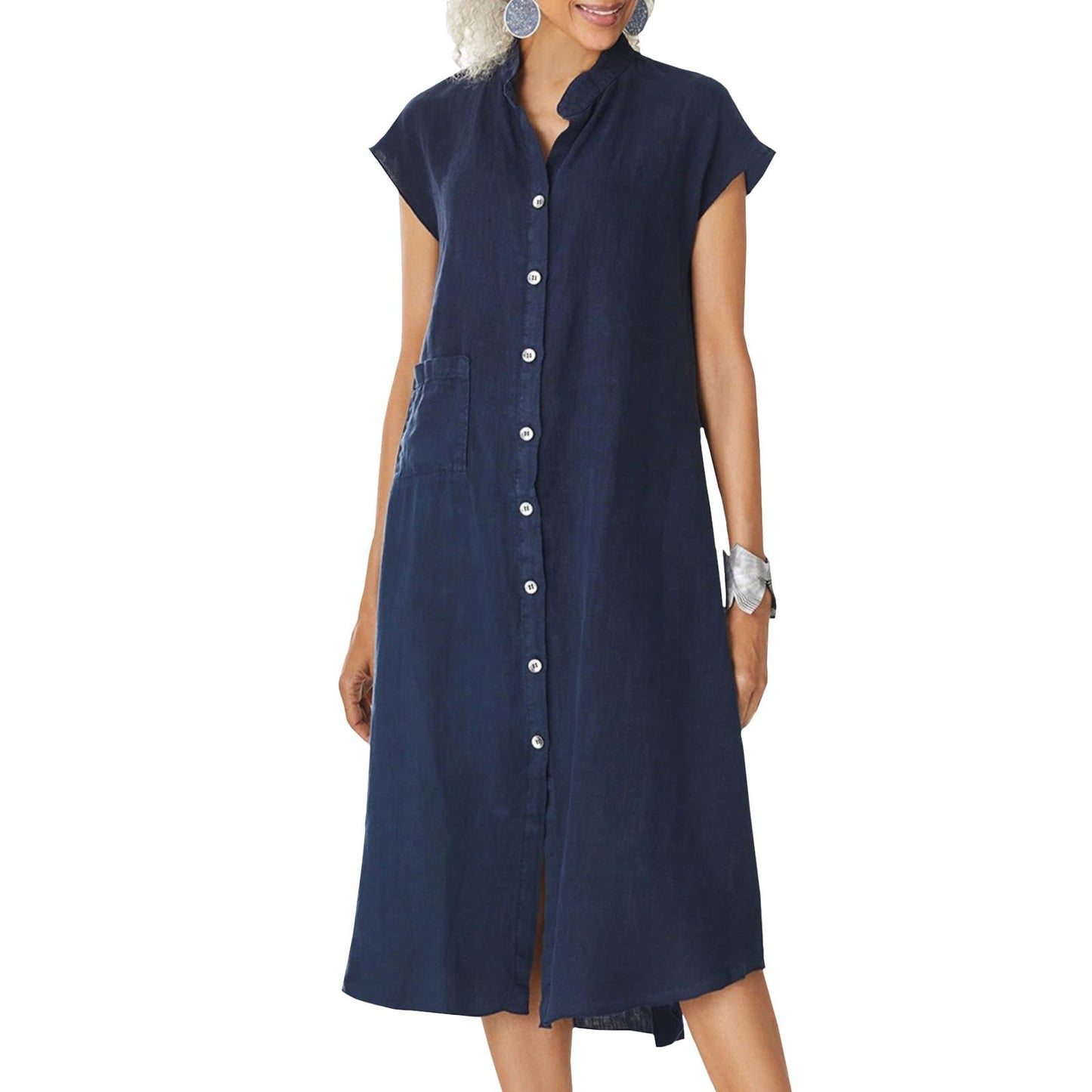 NAILONG Linen Button Up Shirt Dress for Women, Cap Sleeve Summer Casual Flowy Beach Vacation Linen Midi Dress with Pockets