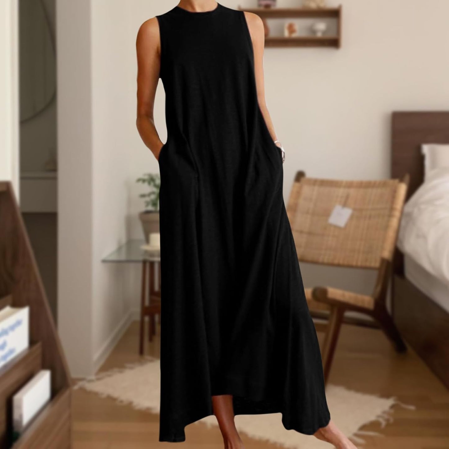 Bejirog Sleeveless Summer Dresses for Women,2026 Casual Tank Top Long Maxi A Line Swing Dress Crew Neck with Pockets