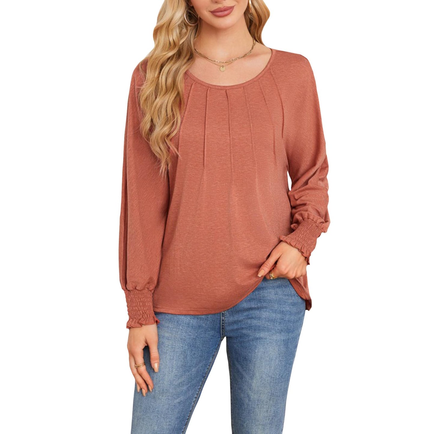 Befox Women's Pleated Tops, Crewneck Long Sleeve Blouse Tunic T-Shirt 2026 Spring Fall Trendy Casual Loose Pleated Shirts