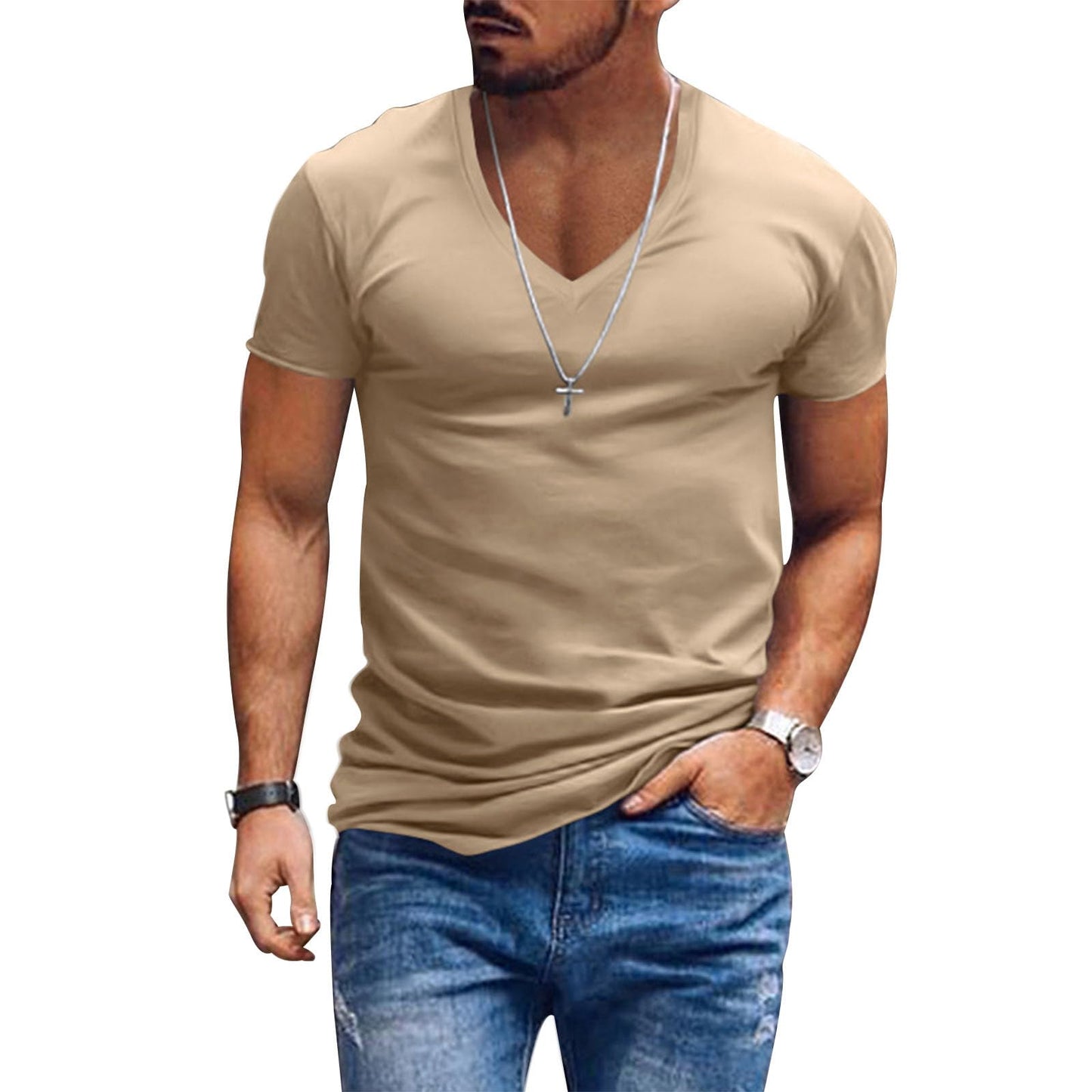 Alivebody Mens T Shirts Solid Color Deep V Neck Basic Muscle Fit Tee Muscle Slim Fit Low Cut Stretch Soft Lightweight Tshirt