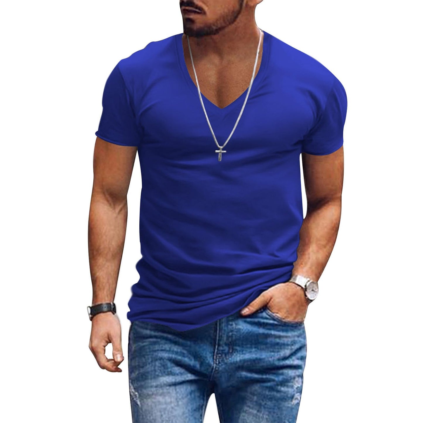 Alivebody Mens T Shirts Solid Color Deep V Neck Basic Muscle Fit Tee Muscle Slim Fit Low Cut Stretch Soft Lightweight Tshirt