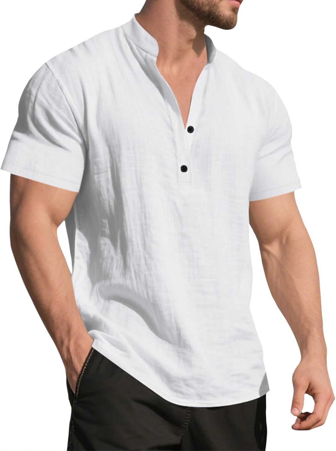 GYMBULL Linen Shirts for Men Fashion Solid Color Beach Summer Tops Casual Stand Collar Button Down Short Sleeve Henley Shirt