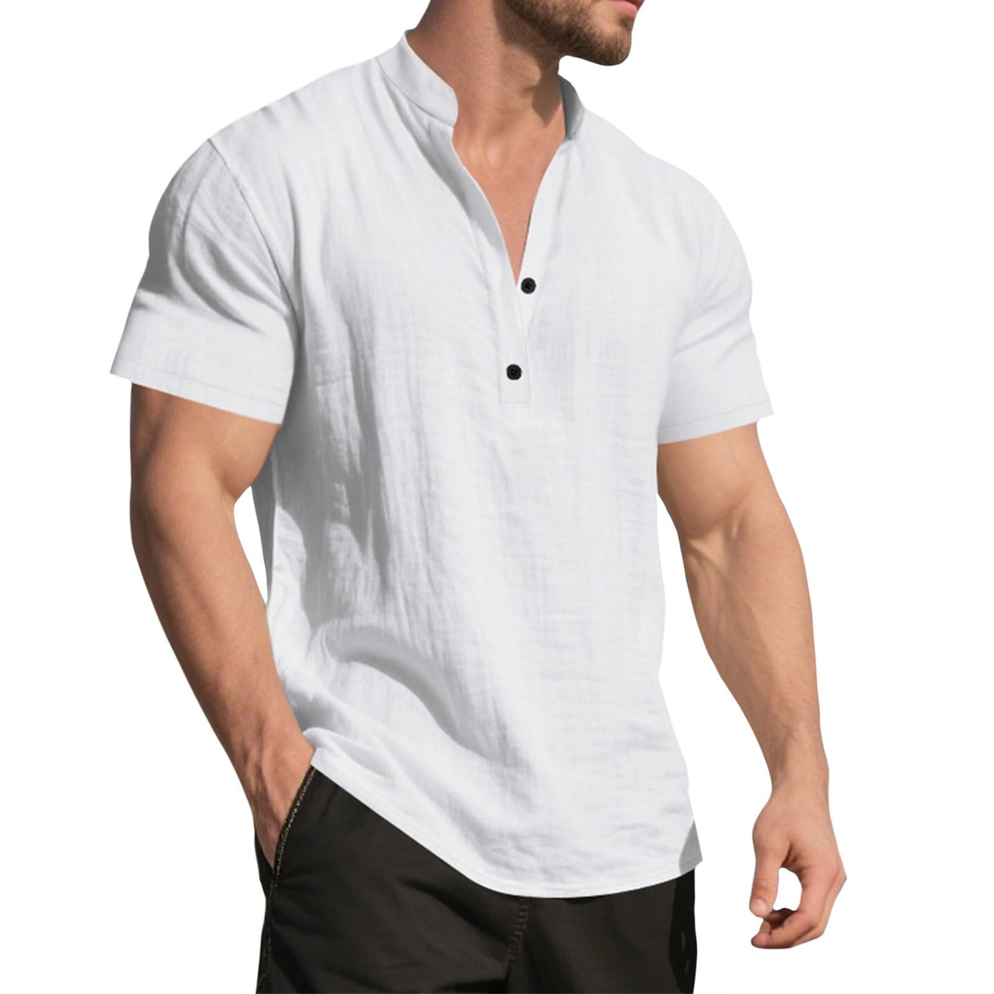 GYMBULL Linen Shirts for Men Fashion Solid Color Beach Summer Tops Casual Stand Collar Button Down Short Sleeve Henley Shirt