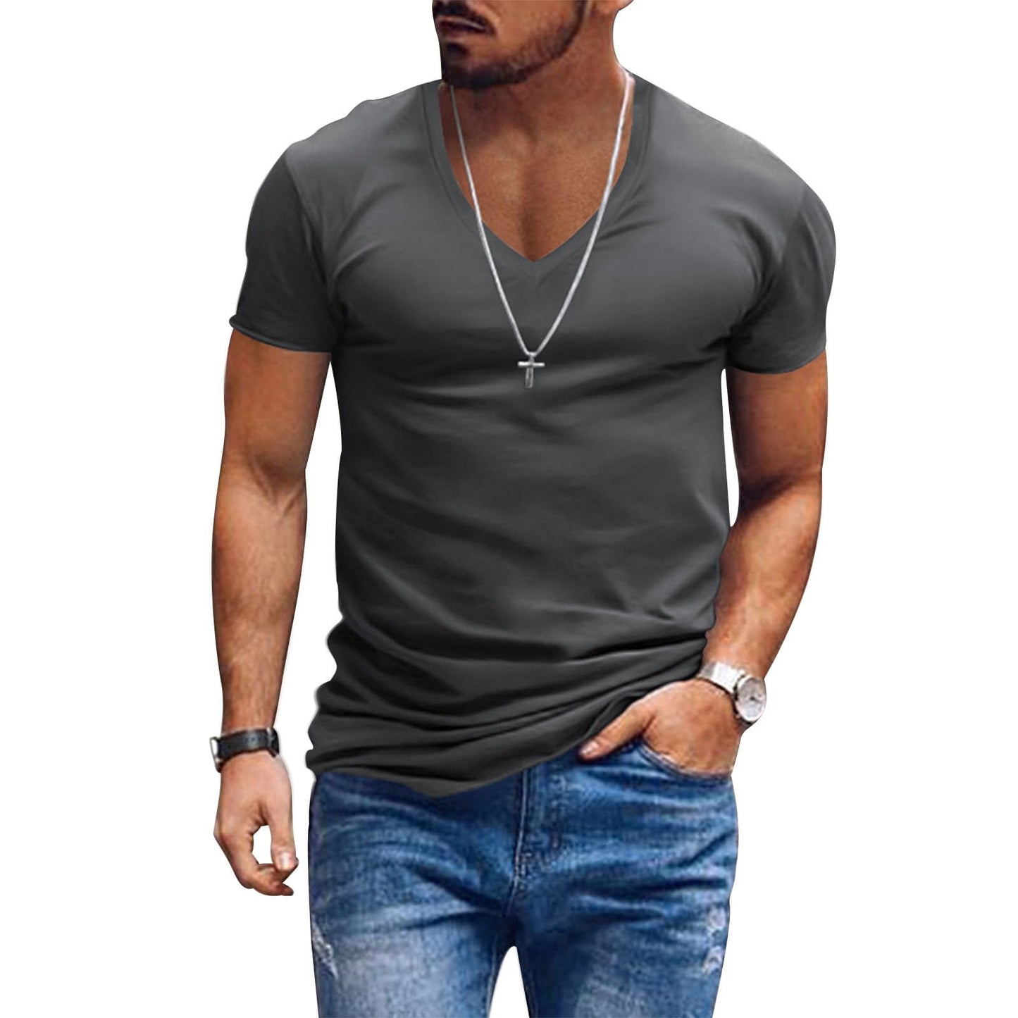 Alivebody Mens T Shirts Solid Color Deep V Neck Basic Muscle Fit Tee Muscle Slim Fit Low Cut Stretch Soft Lightweight Tshirt