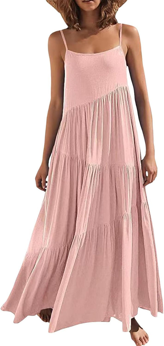 Bejirog Summer Spaghetti Strap Maxi Dress for Women, Tiered Ruffle Vacation Beach Square Neck Long Flowy Cami Sun Dress