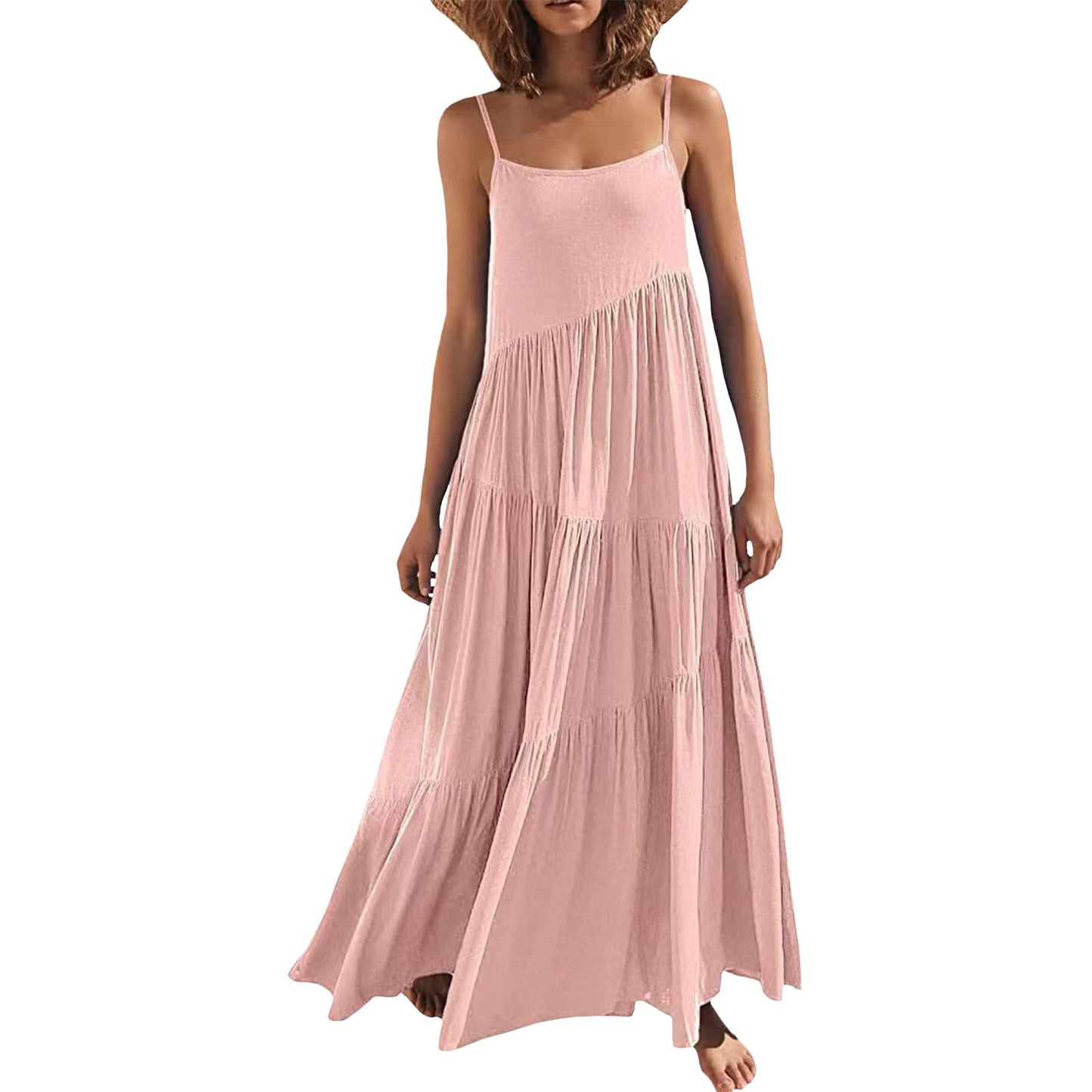 Bejirog Summer Spaghetti Strap Maxi Dress for Women, Tiered Ruffle Vacation Beach Square Neck Long Flowy Cami Sun Dress
