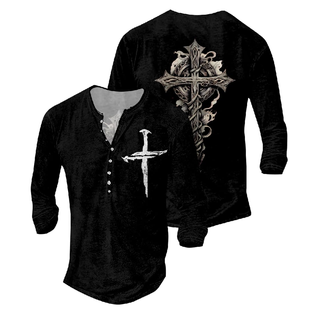 JiffPom Jesus Shirts for Men Distressed Henley Shirts Retro Cross Shirt Long Sleeve Shirt V Neck Button Down Washed T-Shirts
