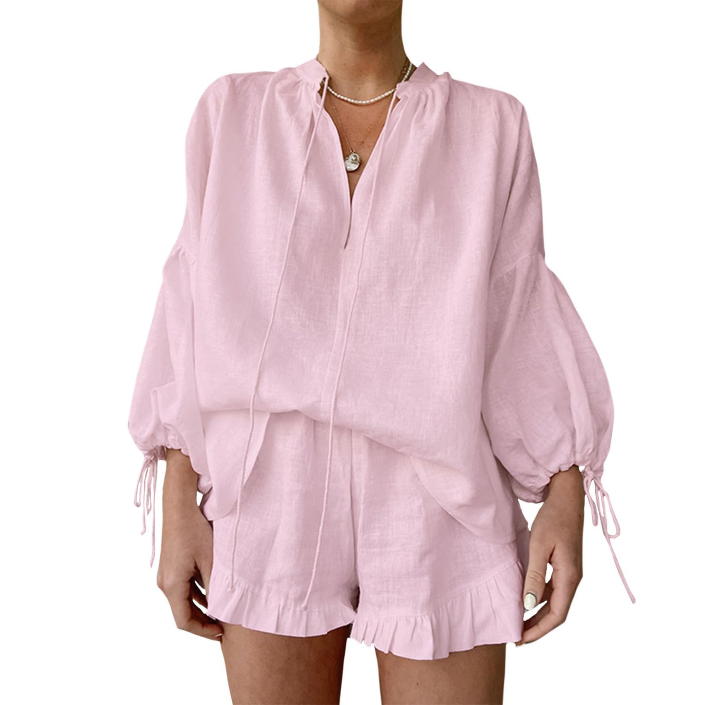 Gymrex Linen Shorts Sets Women 2 Piece Outfits, V-Neck Tie Front Lantern Sleeve Top & Elastic Waist Ruffle Shorts