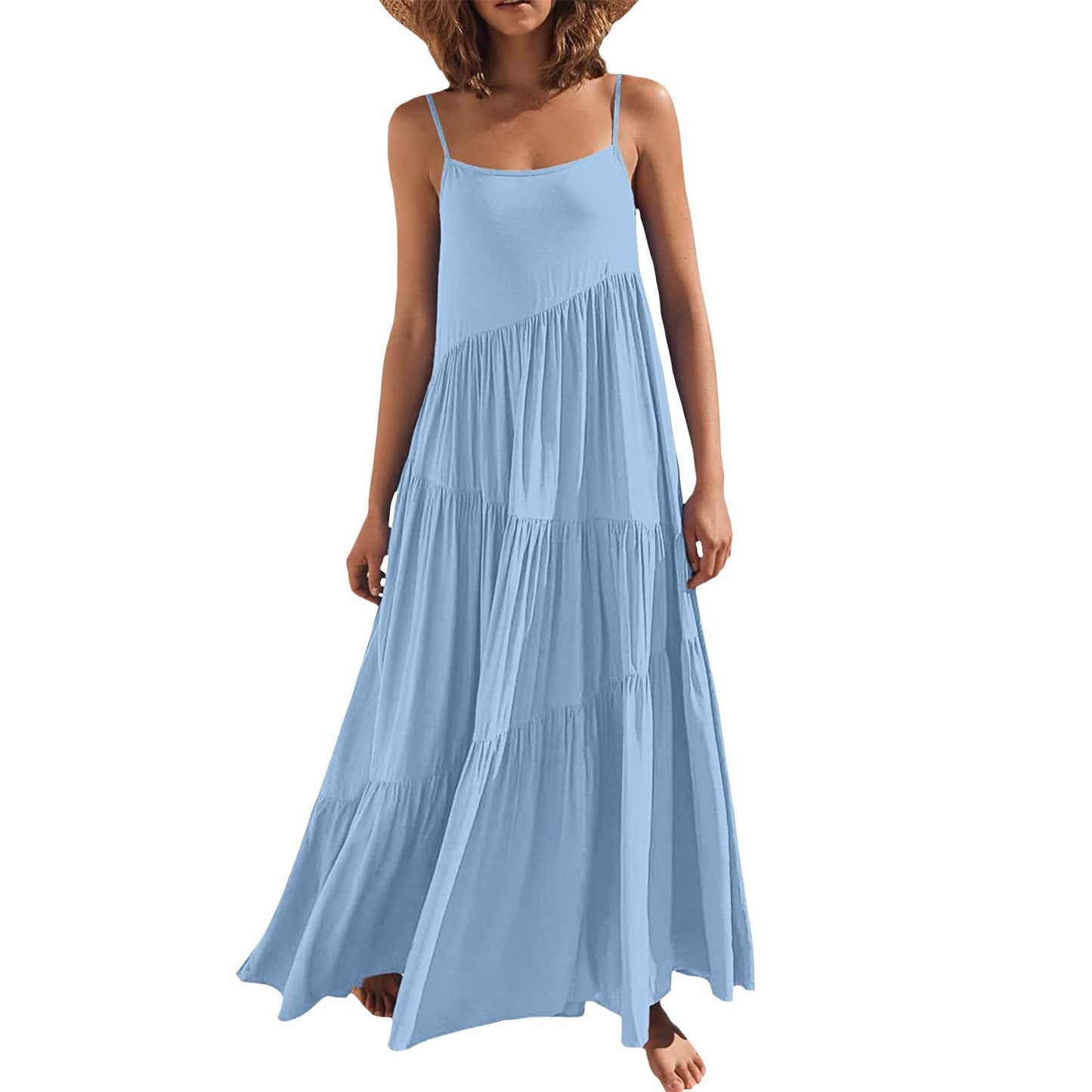 Bejirog Summer Spaghetti Strap Maxi Dress for Women, Tiered Ruffle Vacation Beach Square Neck Long Flowy Cami Sun Dress