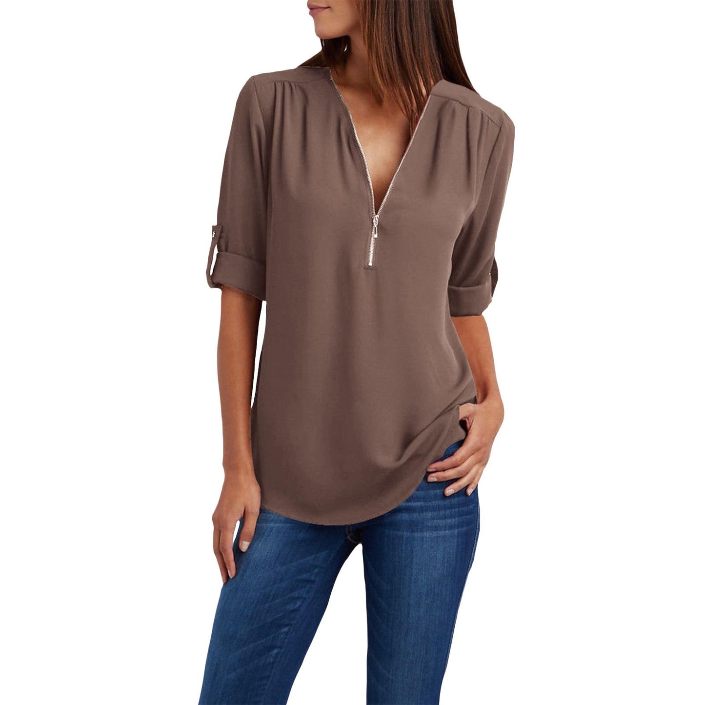 WAZZAP Women‘s Chiffon Tops, Zip Up V Neck Long Sleeve Shirt Roll Up Sleeve Loose Fit Tunic Tops Casual Trendy Chiffon Blouse