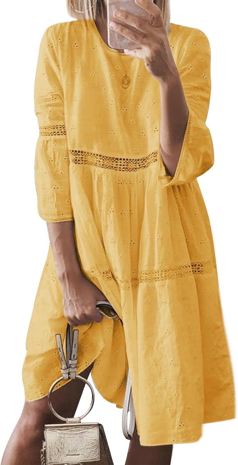 Bejirog Plus Size Linen Dress for Women, Eyelet Lace 3/4 Sleeve Crew Neck Casual Summer Long Flowy Loose Midi Linen Dress