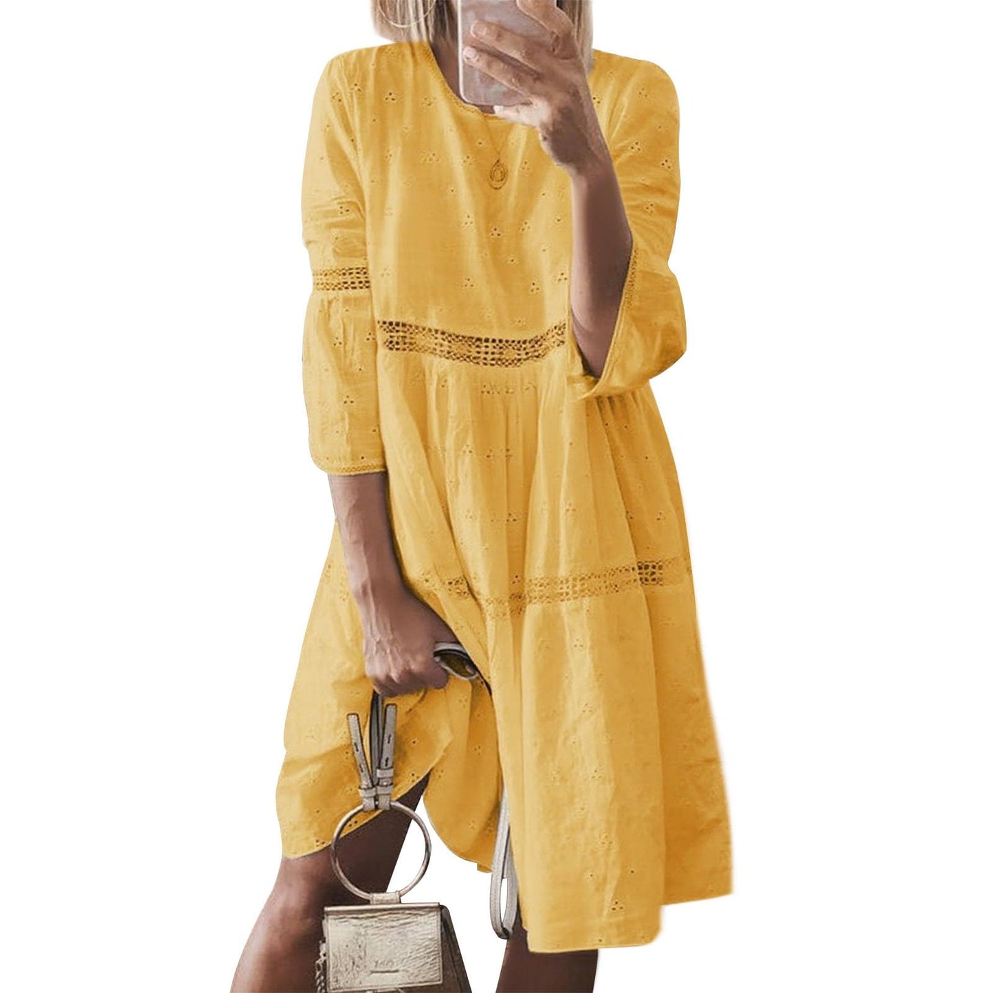 Bejirog Plus Size Linen Dress for Women, Eyelet Lace 3/4 Sleeve Crew Neck Casual Summer Long Flowy Loose Midi Linen Dress