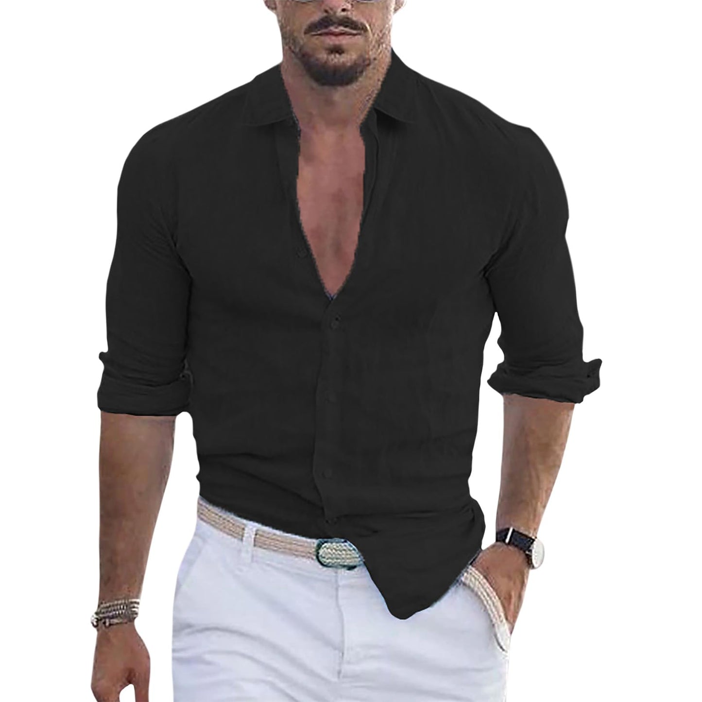 GYMTSL Mens Button Down Shirt Casual Summer Long Sleeve Business Dressy Blouse Solid Collar High Elastic Tops