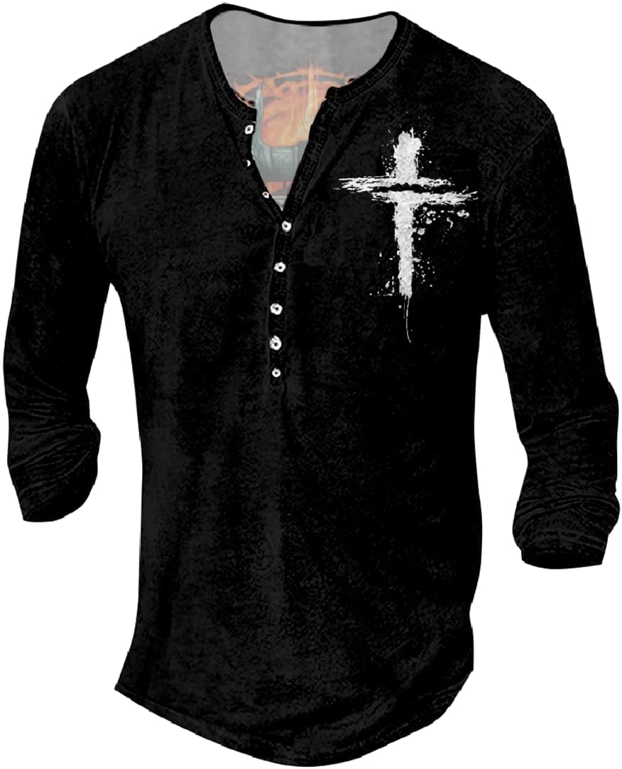 JiffPom Jesus Shirts for Men Distressed Henley Shirts Retro Cross Shirt Long Sleeve Shirt V Neck Button Down Washed T-Shirts