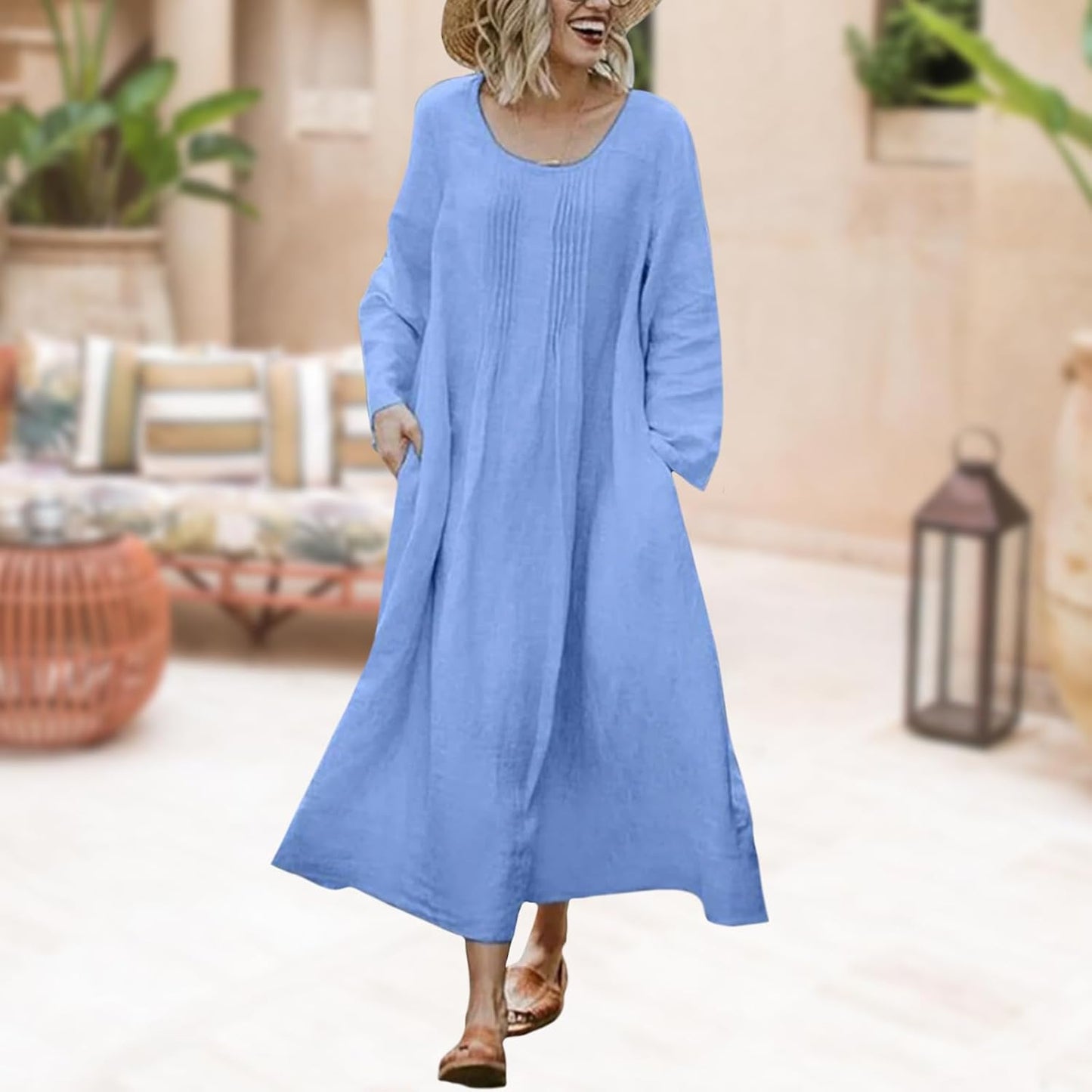 Bejirog Plus Size Linen Dresses for Women Long Sleeve Loose Crew Neck Oversized Casual Spring Fall Maxi Dress with Pockets