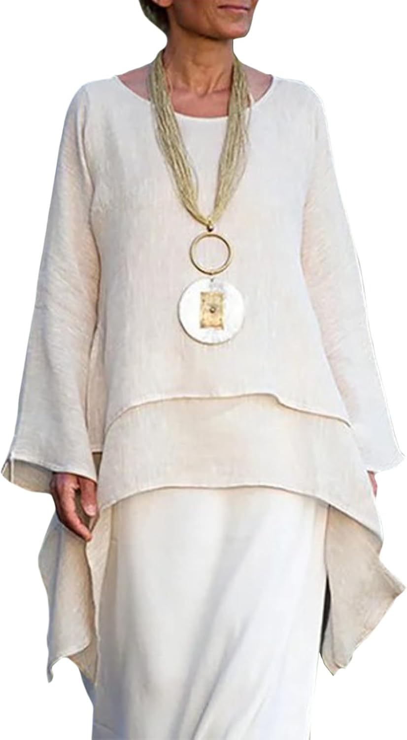 Befox Asymmetrical Hem Tops for Women Linen Blouse Long Sleeve Crew Neck Flowy Tunic Shirt Irregular Hem Plus Size Tops