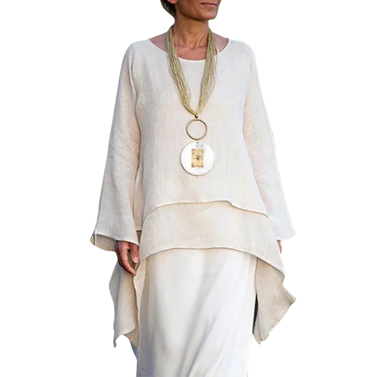 Befox Asymmetrical Hem Tops for Women Linen Blouse Long Sleeve Crew Neck Flowy Tunic Shirt Irregular Hem Plus Size Tops