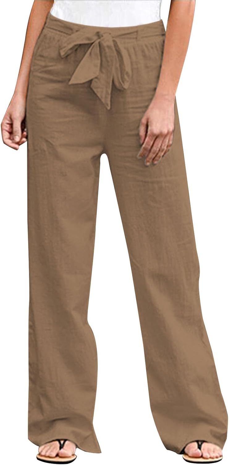 GYMBULL Womens Cotton Linen Summer Pants Tie High Waisted Casual Straight Leg Pants Dressy Palazzo Soft Trousers with Pockets