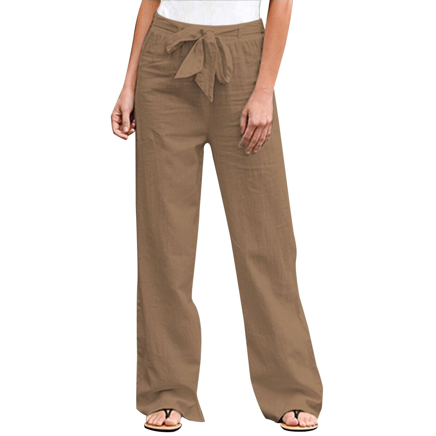 GYMBULL Womens Cotton Linen Summer Pants Tie High Waisted Casual Straight Leg Pants Dressy Palazzo Soft Trousers with Pockets