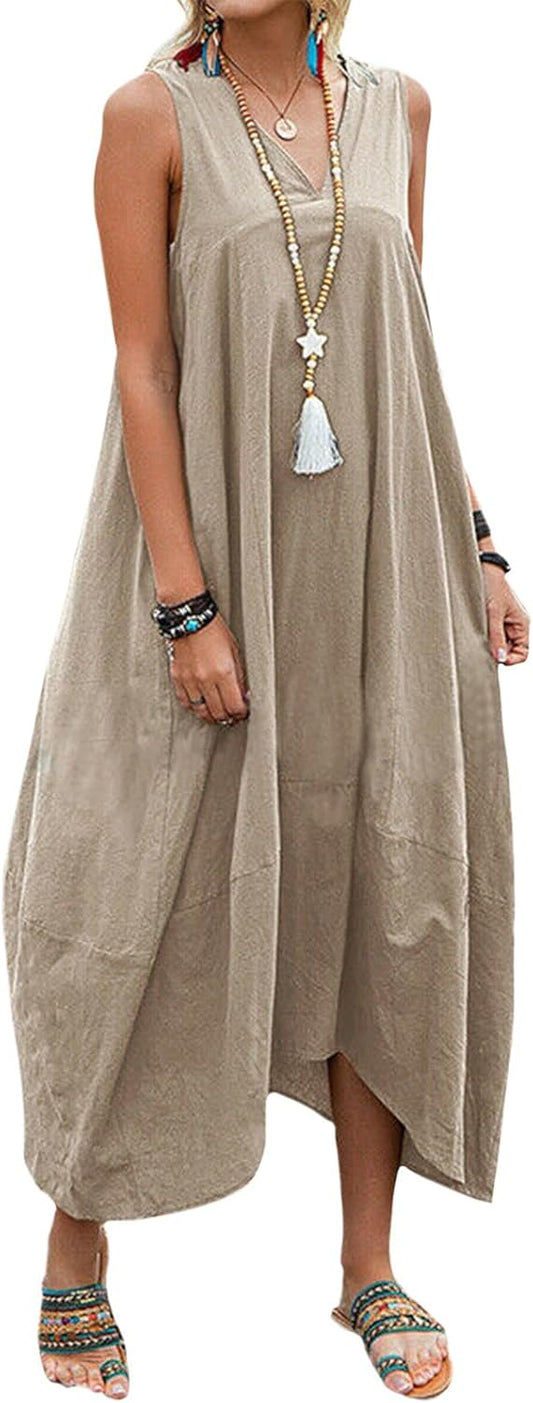 Bejirog Linen Tank Dress for Women, Long Flowy Loose Maxi V Neck Sleeveless Casual Summer Beach Vacation Dress with Pockets
