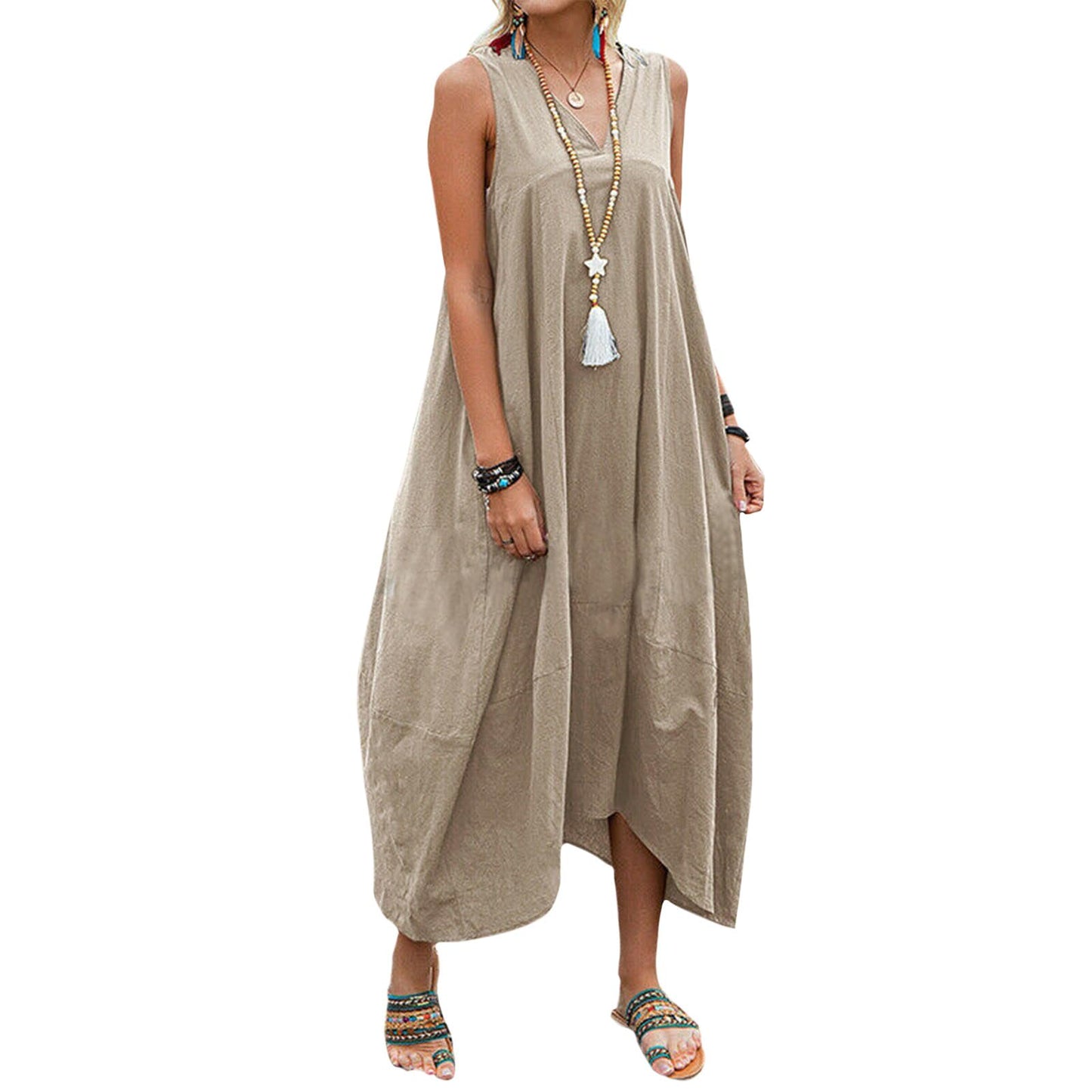 Bejirog Linen Tank Dress for Women, Long Flowy Loose Maxi V Neck Sleeveless Casual Summer Beach Vacation Dress with Pockets