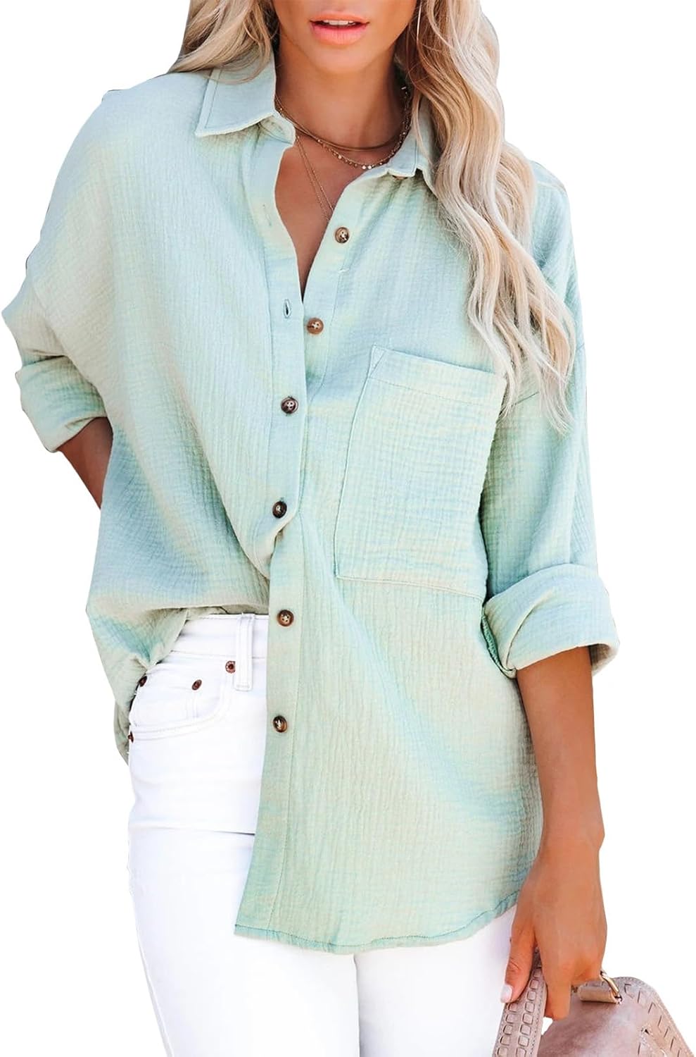 Bejirog Button Down Blouses for Women Dressy Casual, V Neck Long Sleeve Shirt Collared Blouse Trendy Spring Fall Tops