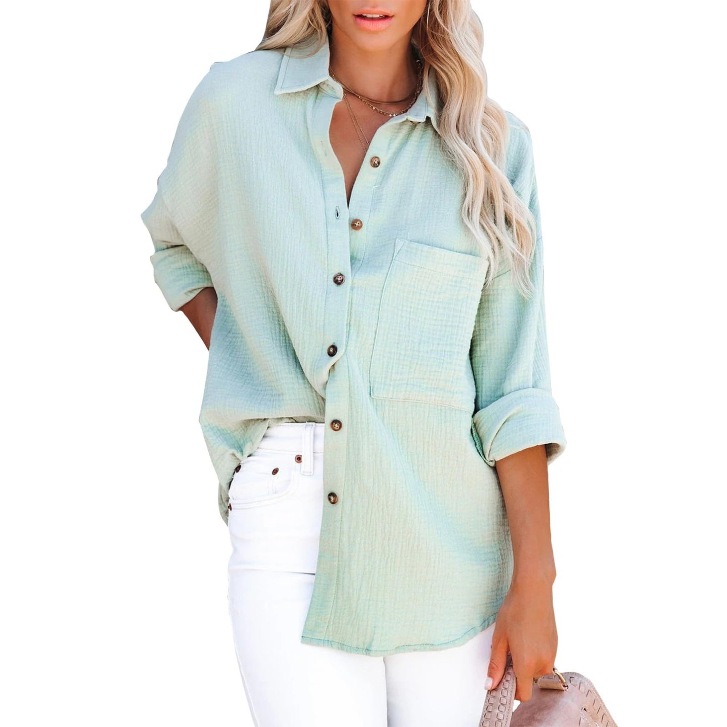 Bejirog Button Down Blouses for Women Dressy Casual, V Neck Long Sleeve Shirt Collared Blouse Trendy Spring Fall Tops