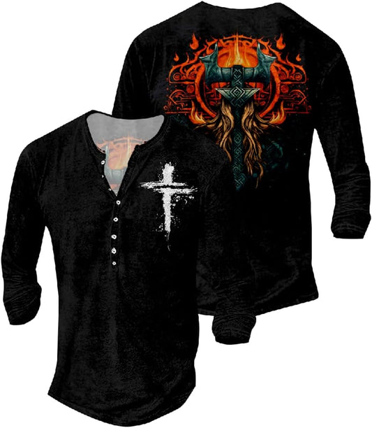 JiffPom Jesus Shirts for Men Distressed Henley Shirts Retro Cross Shirt Long Sleeve Shirt V Neck Button Down Washed T-Shirts