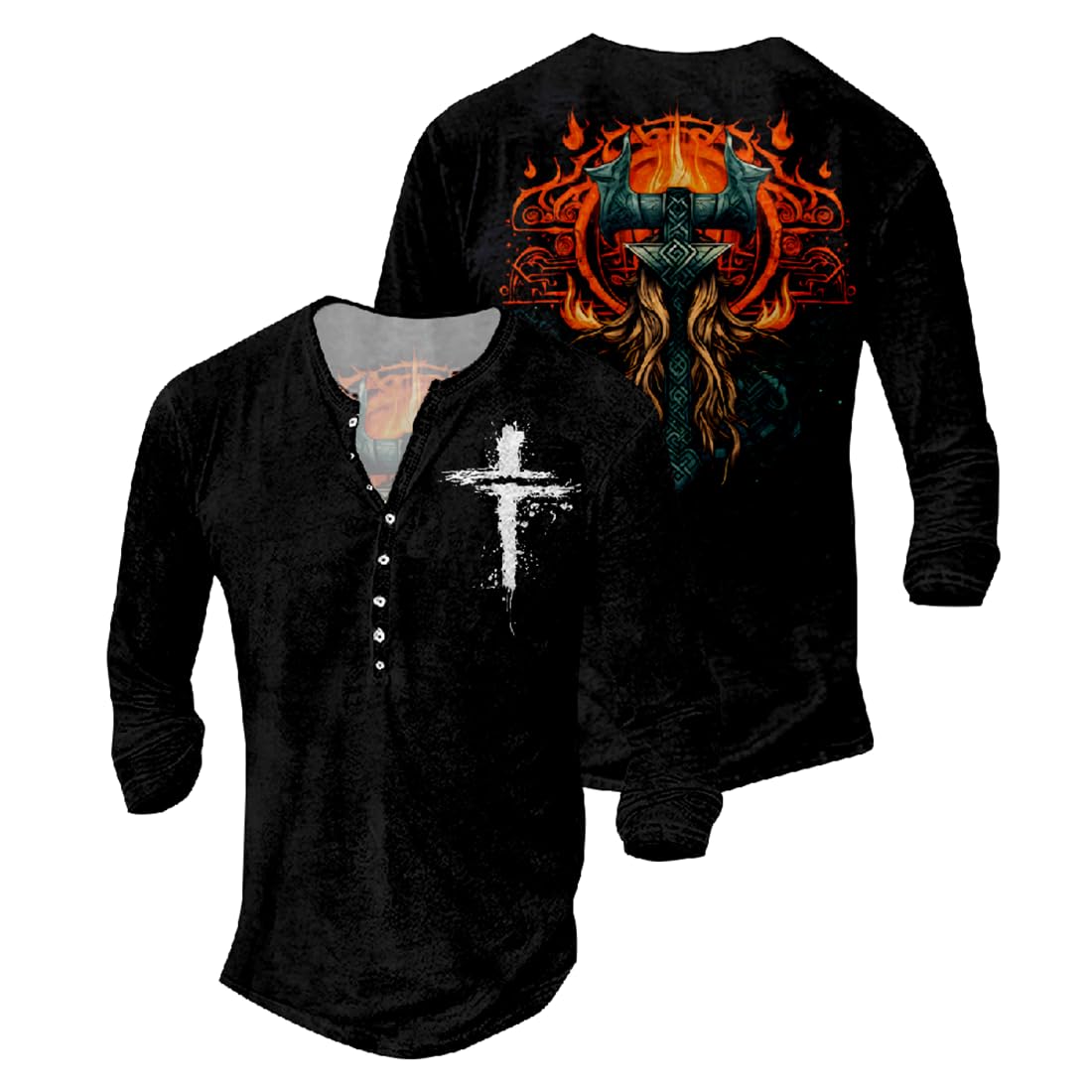 JiffPom Jesus Shirts for Men Distressed Henley Shirts Retro Cross Shirt Long Sleeve Shirt V Neck Button Down Washed T-Shirts