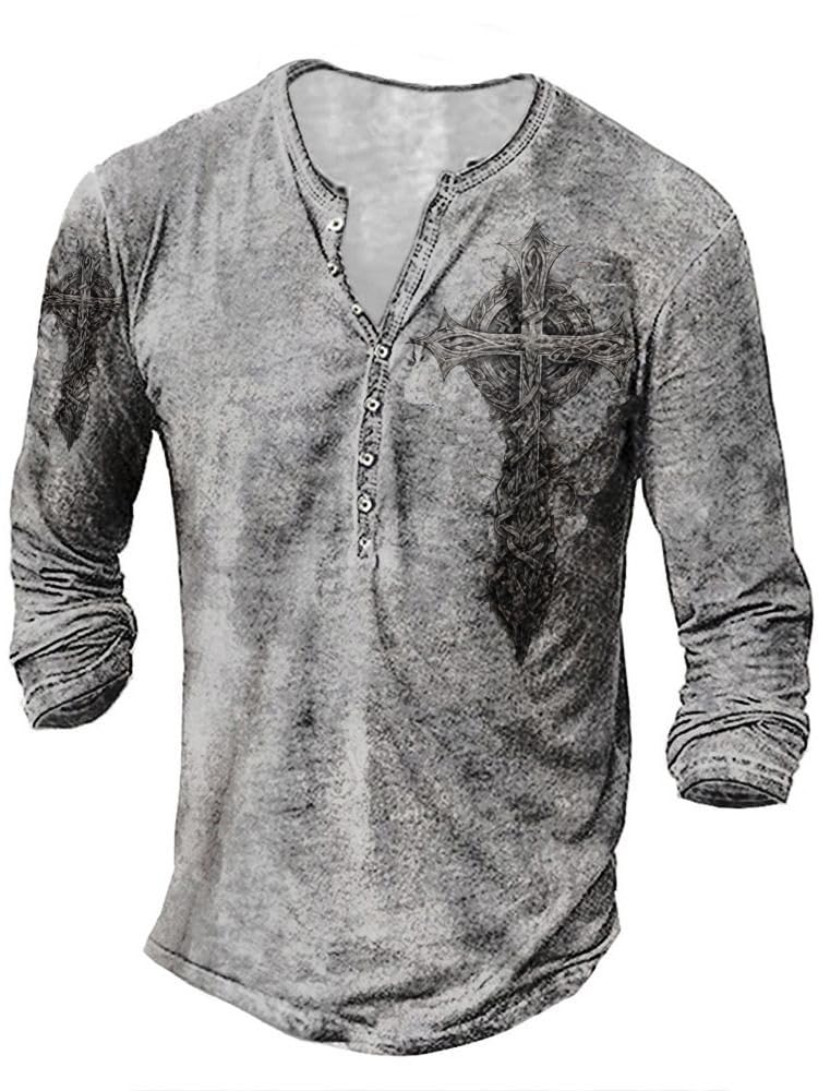 JiffPom Mens Henley Shirts Christian Shirt Jesus Cross Retro Long Sleeve Casual Button Down Washed T-Shirts Boy's Tops