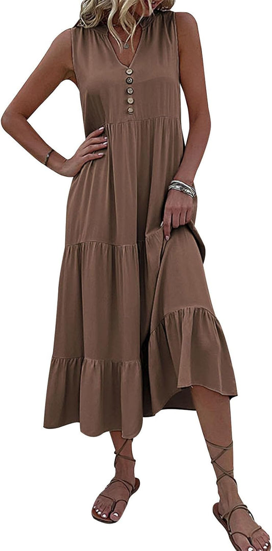 FONDBERYL Sleeveless Midi Dress for Women, V Neck Tank Dress with Tiered Ruffle Hem Flowy A Line Casual Spring Summer Dresses