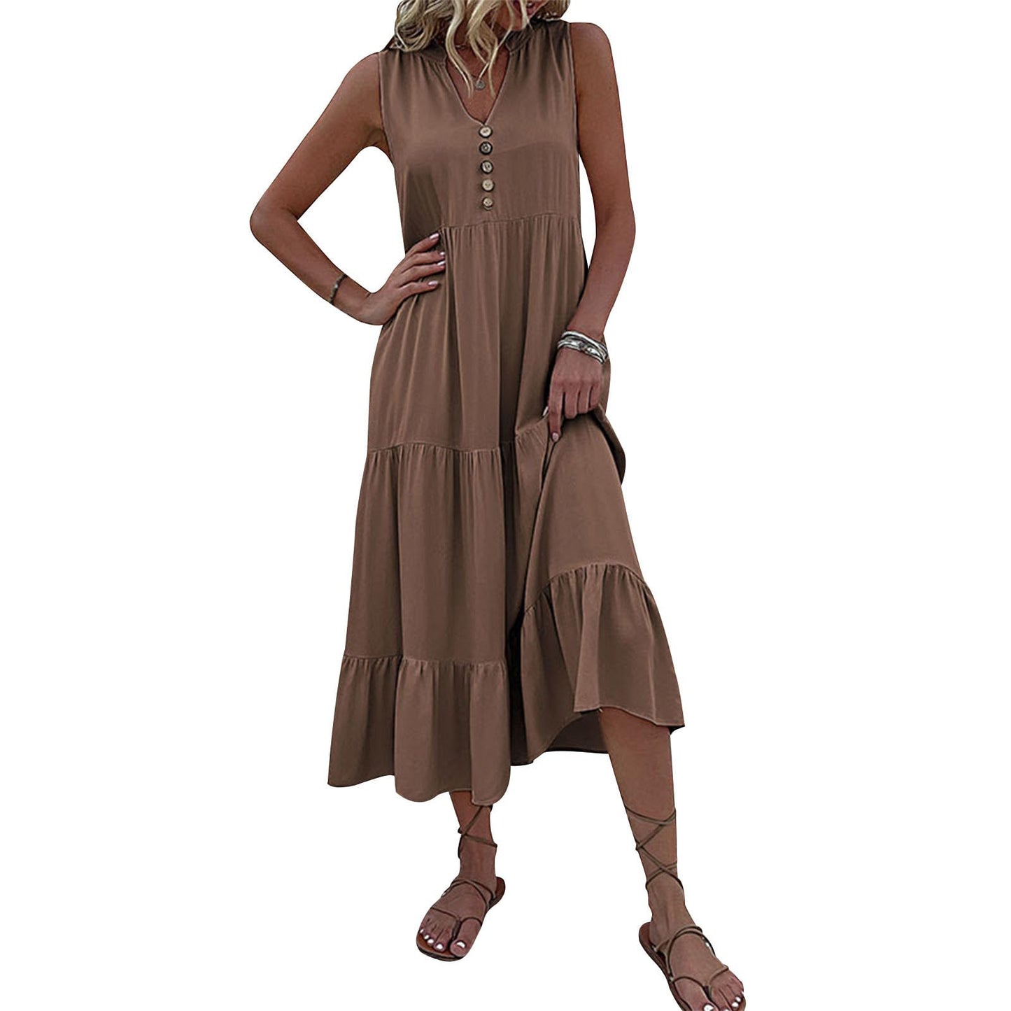 FONDBERYL Sleeveless Midi Dress for Women, V Neck Tank Dress with Tiered Ruffle Hem Flowy A Line Casual Spring Summer Dresses