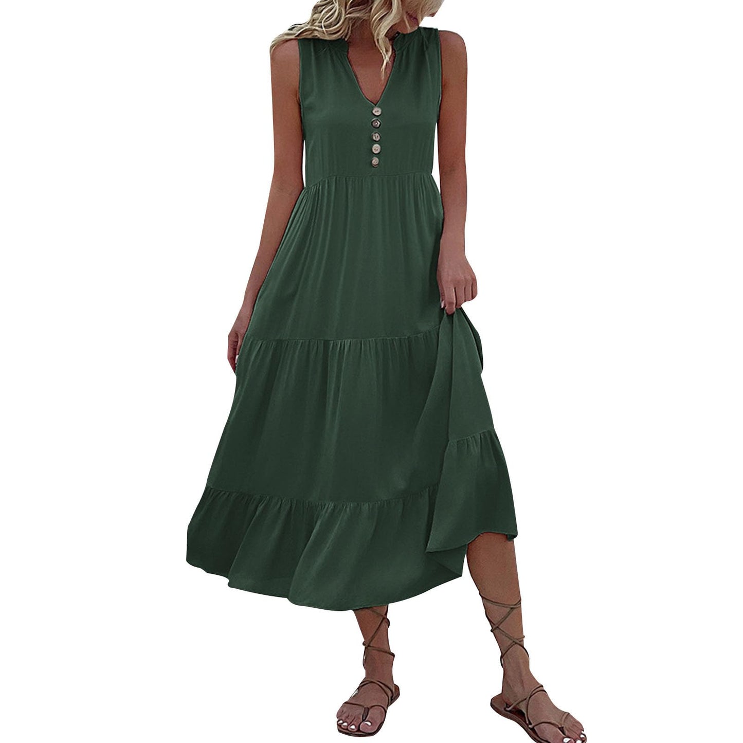 FONDBERYL Sleeveless Midi Dress for Women, V Neck Tank Dress with Tiered Ruffle Hem Flowy A Line Casual Spring Summer Dresses