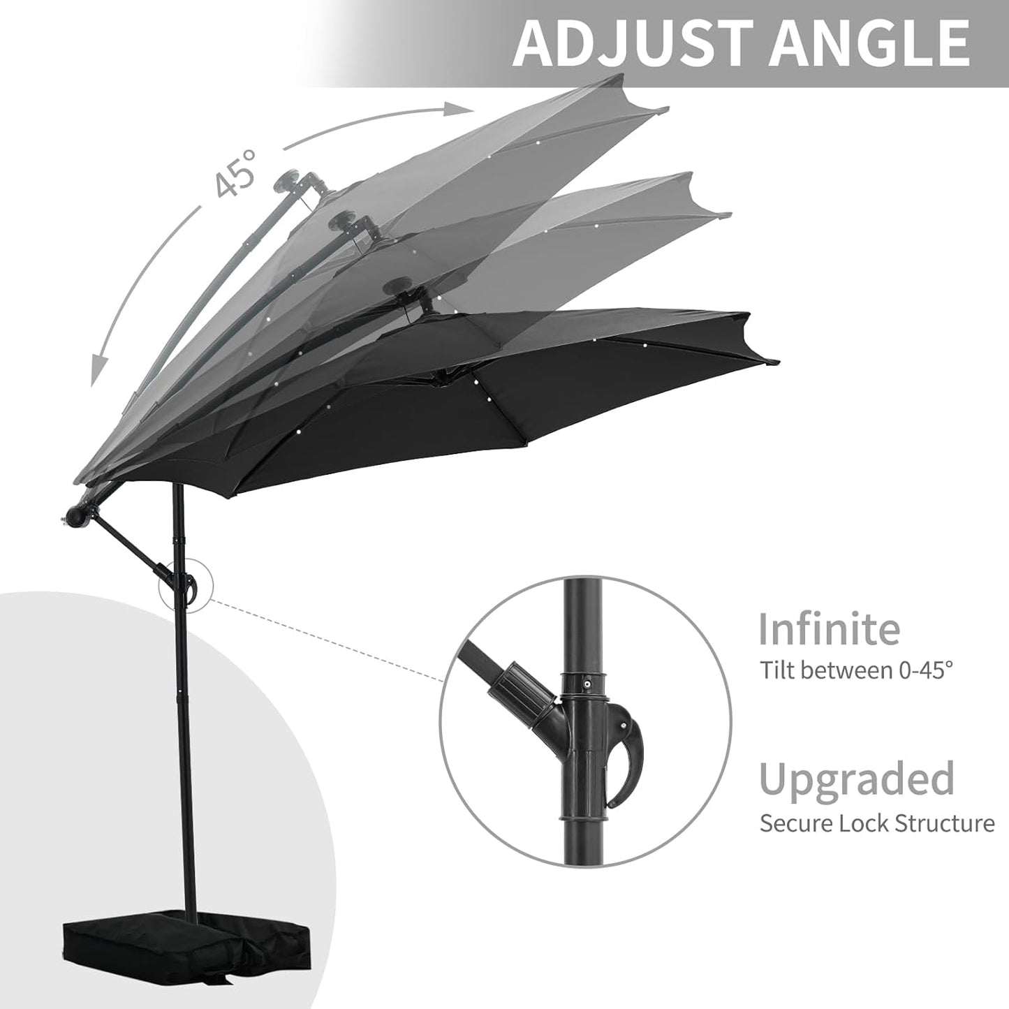 JiffPom 10ft Cantilever Patio Umbrella with Lights, Hanging Offset Market Outdoor Sun Shade for Backyard,Deck,Poolside,Black