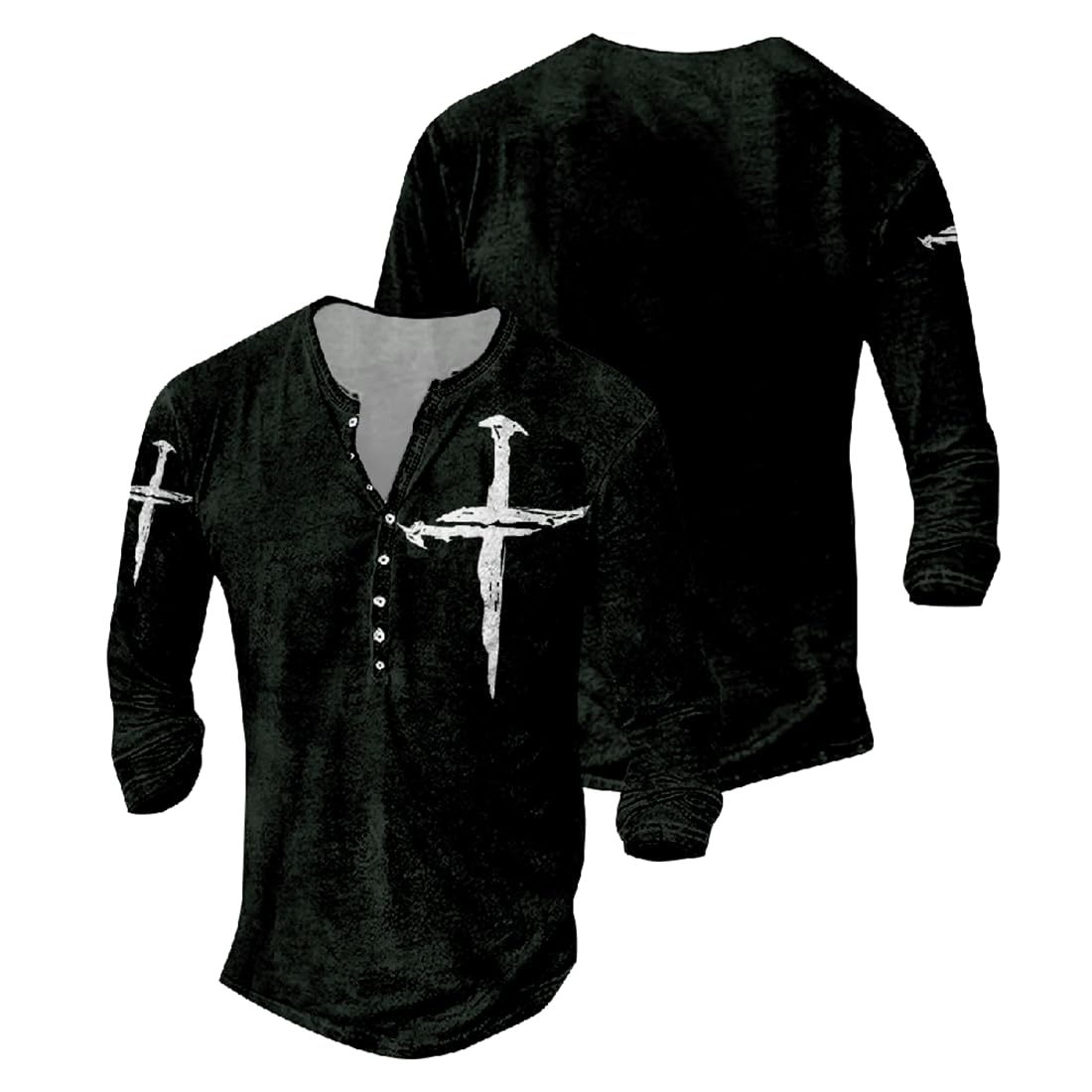 JiffPom Jesus Shirts for Men Distressed Henley Shirts Retro Cross Shirt Long Sleeve Shirt V Neck Button Down Washed T-Shirts