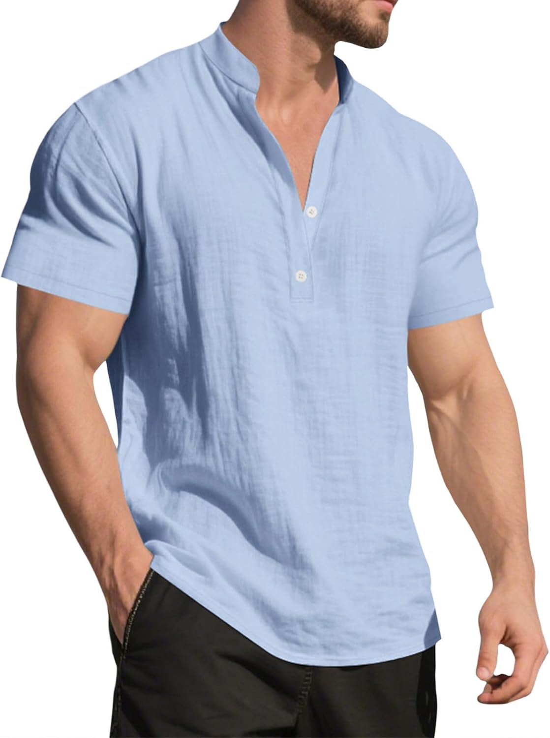 GYMBULL Linen Shirts for Men Fashion Solid Color Beach Summer Tops Casual Stand Collar Button Down Short Sleeve Henley Shirt