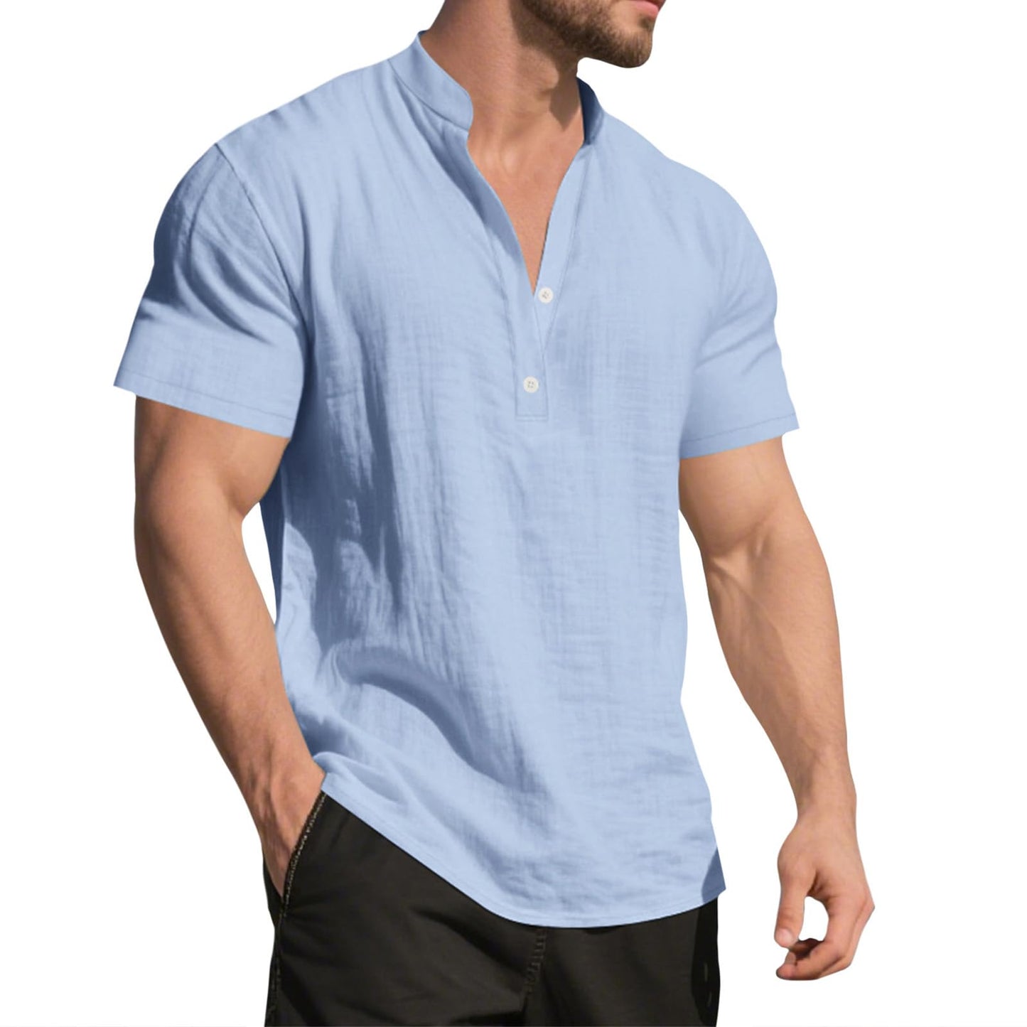 GYMBULL Linen Shirts for Men Fashion Solid Color Beach Summer Tops Casual Stand Collar Button Down Short Sleeve Henley Shirt
