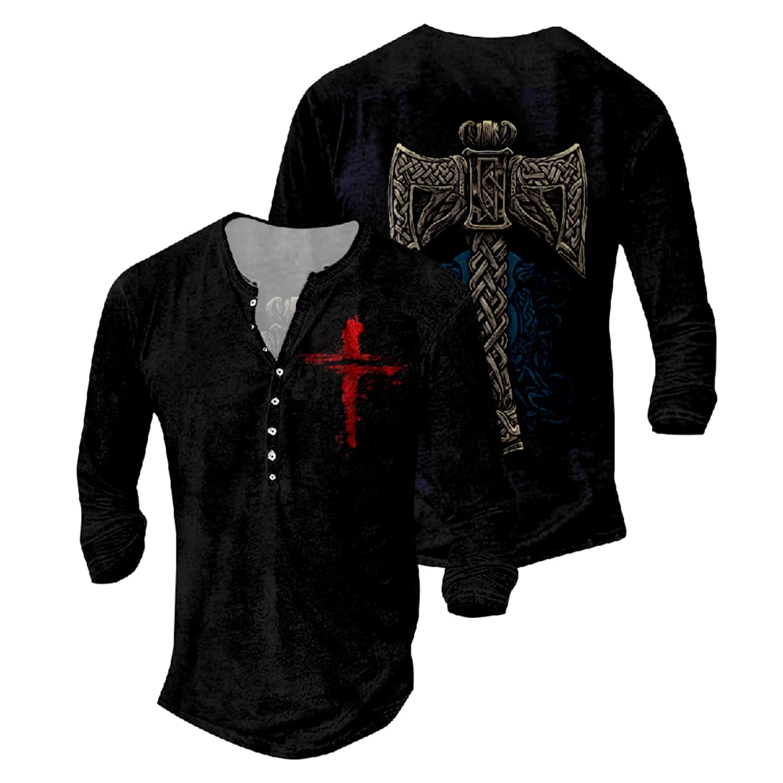 JiffPom Jesus Shirts for Men Distressed Henley Shirts Retro Cross Shirt Long Sleeve Shirt V Neck Button Down Washed T-Shirts