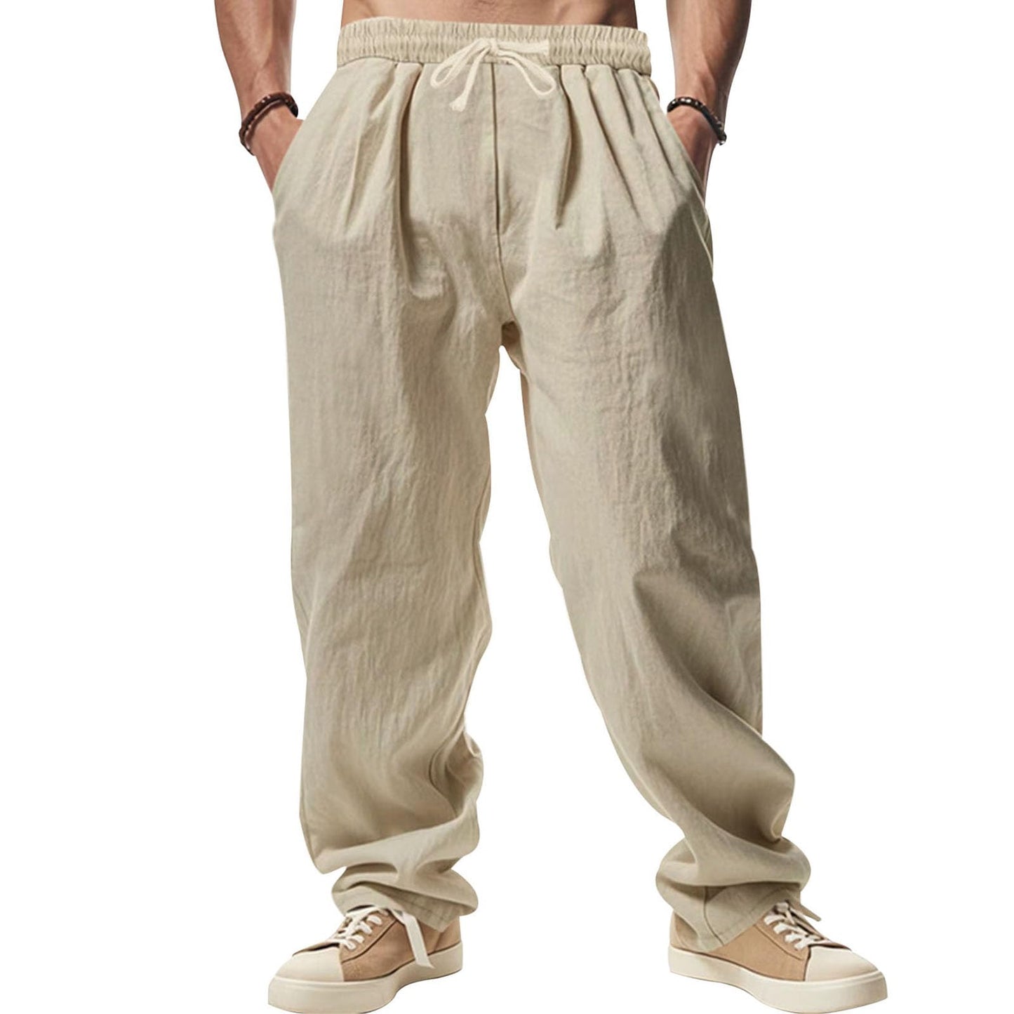 GYMTSL Mens Linen Pants Drawstring Baggy Casual Summer Trousers Straight-Legs Elastic Waist Beach Pants with Pockets