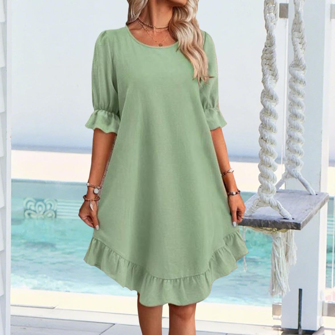 Reigee Cotton Dresses for Women Casual Summer Vacation Midi Ruffled Skirt Crewneck Falbala Solid Basic Dress