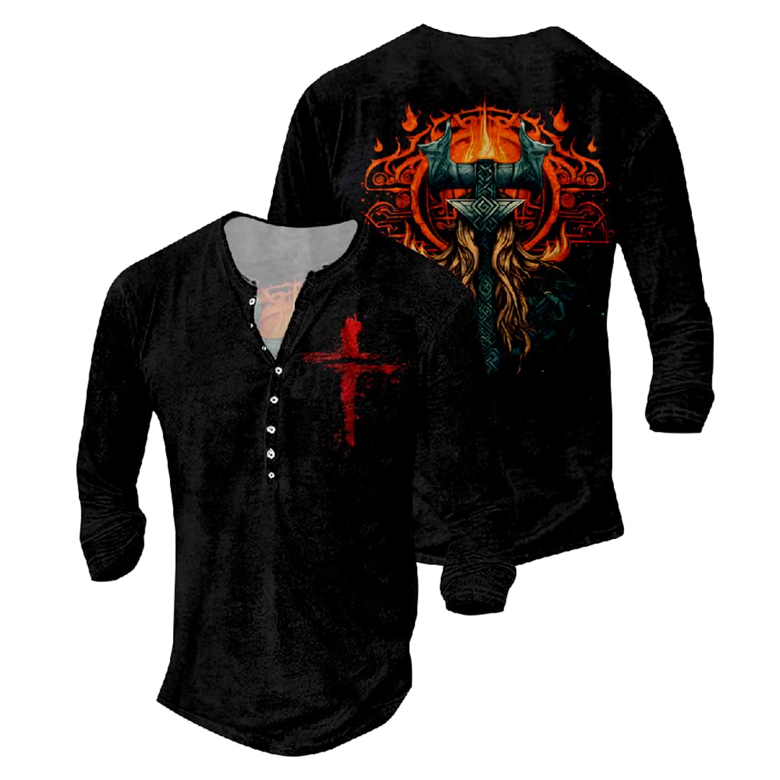 JiffPom Jesus Shirts for Men Distressed Henley Shirts Retro Cross Shirt Long Sleeve Shirt V Neck Button Down Washed T-Shirts