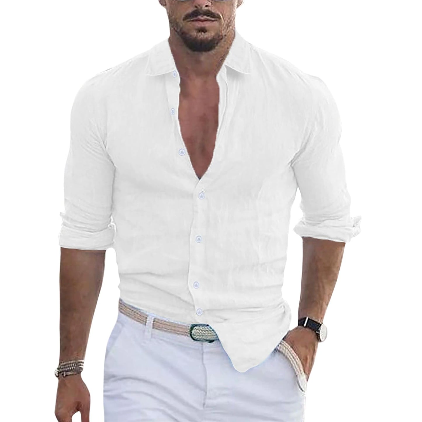 GYMTSL Mens Button Down Shirt Casual Summer Long Sleeve Business Dressy Blouse Solid Collar High Elastic Tops